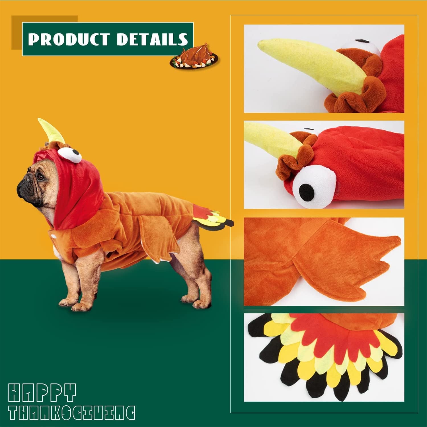 Turkey Dog Costume Thanksgiving Apparel Pet Costume for Dogs and Cats M(Neck:11.4" Chest:15" Back:11")